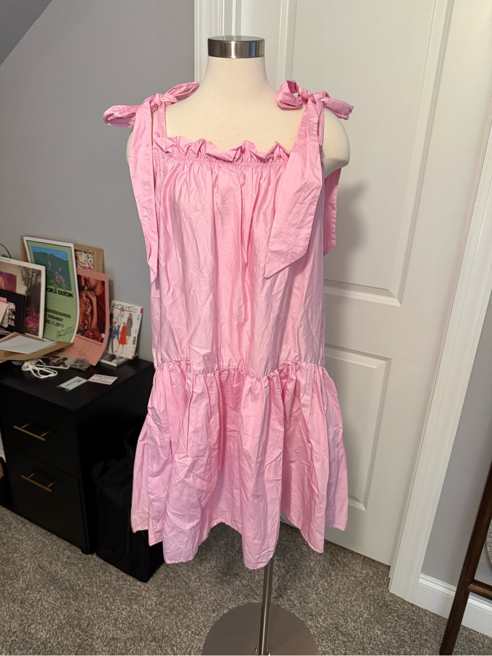 Pink Tie-Shoulder Ruffle Dress